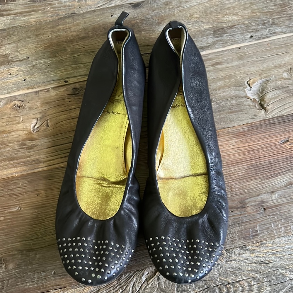J. Crew CeCe Ballet Flat in black leather (Made in Italy) with stud detail